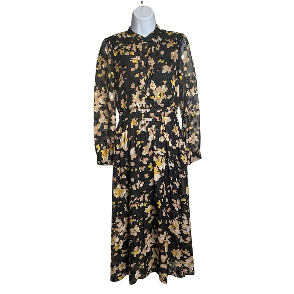 FRNCH PARIS Gold Black Floral Print Midi Dress Size XS Dark-Boho Modern Chic